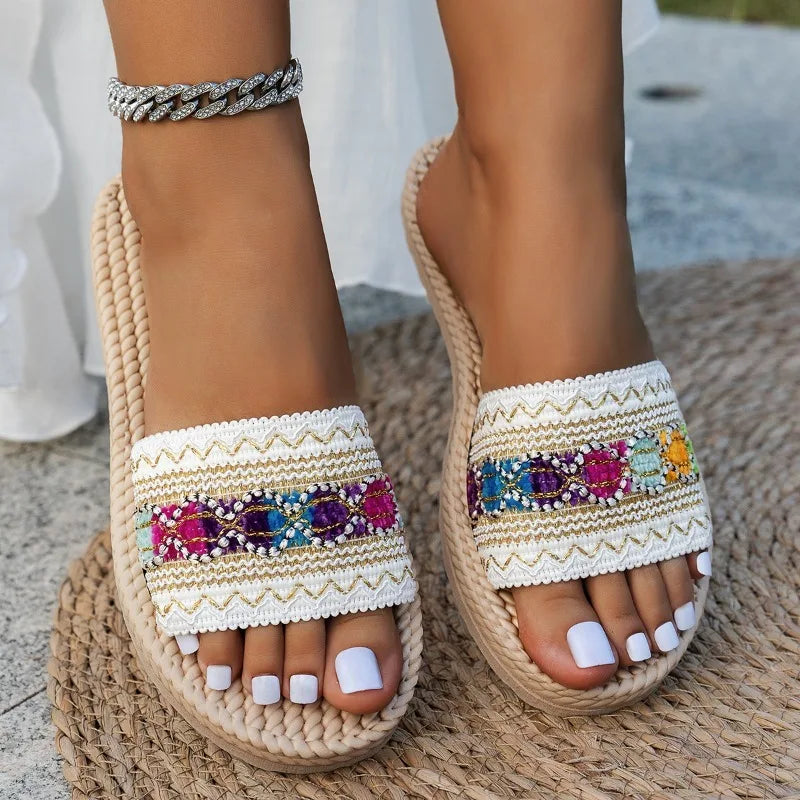 Zara | Damskie Klapki Boho z Plecionym Paskiem | Letnie Klapki Slip-On | Podeszwa z Juty w Stylu Espadryli